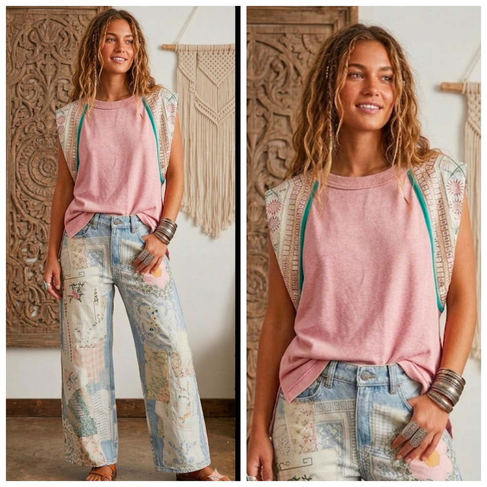 Casual Pink Sleeveless Tee with Embellished Detail - Picture 1 of 5
